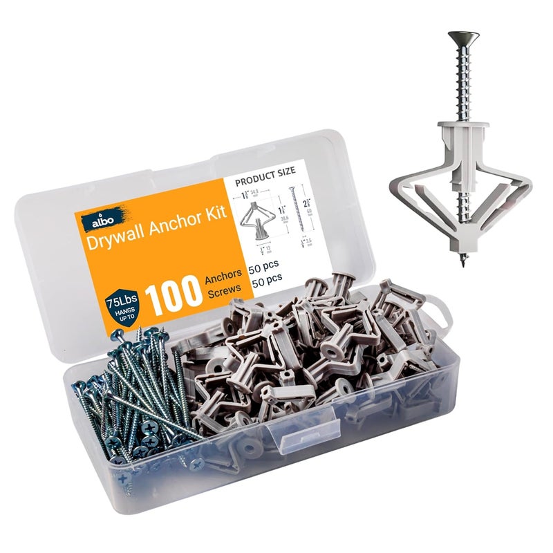ALBO Drywall Anchor Kit Hollow Wall with Screws 100 pcs. (Grey Anchor 50pcs + Screws 50pcs) Plastic Hollow Wall Drilling Anchors - Image 1